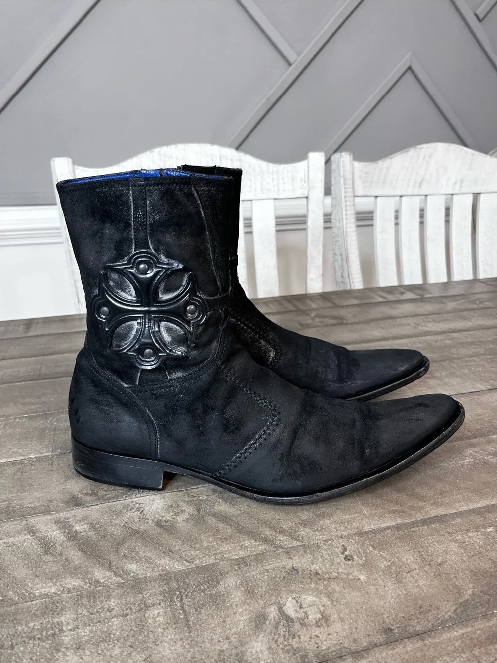 Vintage Mark Nason Black Distressed Leather Boots Men's 12 Made in Italy Zip